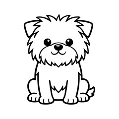 Cute fluffy puppy dog sitting in simple black and white outline, kawaii cartoon vector illustration for coloring page, sticker or kids design
