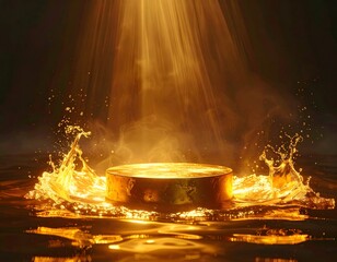 A golden platform centered in water, illuminated by beams of light and splashes