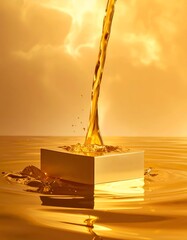 Liquid pours onto a golden cube, creating a splash in a golden pond