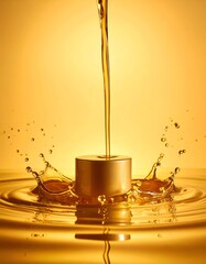 Golden liquid streams, splashes around a metal cylinder, rich yellow