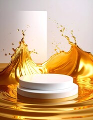 White product platform in liquid splash, bright lighting, golden hues