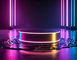 Cylindrical stage with neon lights and a reflective liquid base