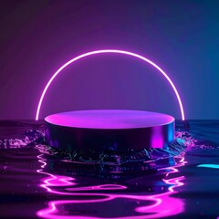 A metallic platform with neon arc reflects in liquid