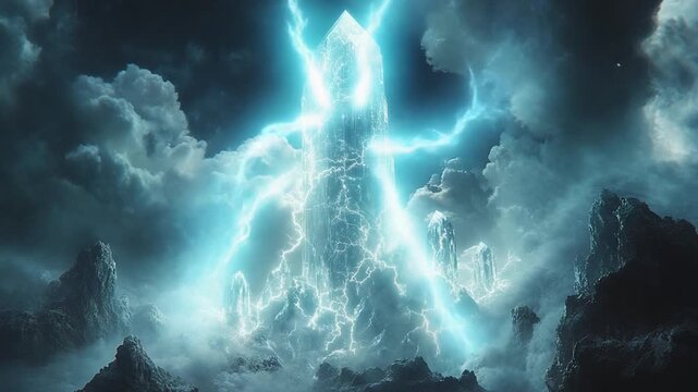 Mystical Crystal Formation Erupting with Electric Energy Amidst Stormy Clouds.