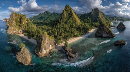 Aerial Panorama of Tropical Island with Lush Greenery Jagged Rocks Turquoise Water and White Sand Beach under Cloudy Blue Sky in Bright Sunlight