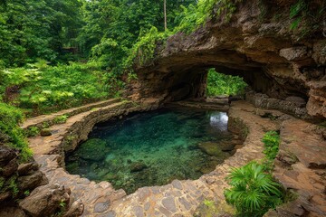 Lush Tropical Cenote with Clear Turquoise Water in Natural Rock Formation Surrounded by Green Vegetation and Sunlight Filtering Through Dense Canopy