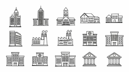 Collection of Diverse Building Icons Representing Architecture.