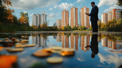 Businessman by pond, city reflection, autumn. Possible stock photo