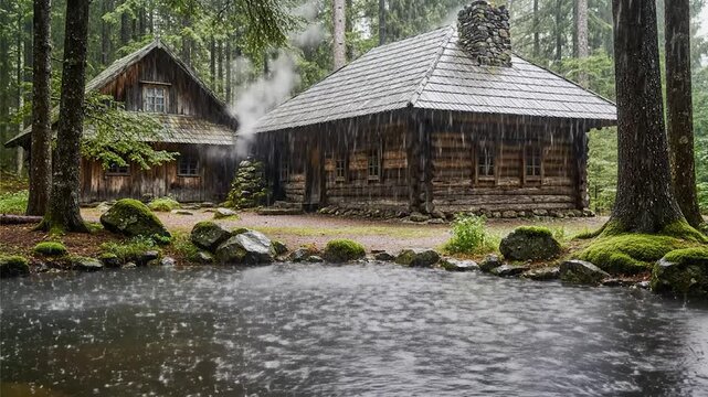 Rustic cabins in a dense forest, heavy rain falling into a pond, smoke rises from chimney