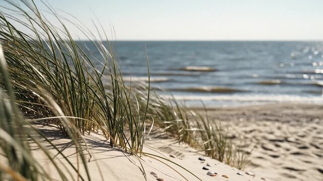 Coastal scene green dune grass in focus, sandy beach, sparkling ocean, blue sky
