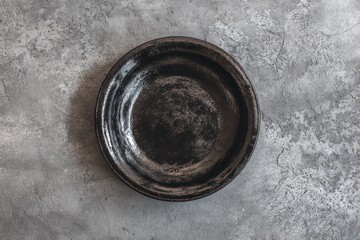 Overhead View of a Shiny Black Ceramic Bowl on Speckled Gray Stone Background with Natural Lighting and Circular Form