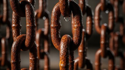 Detailed macro shot of heavy duty rusted industrial chains with a single water drop glistening
