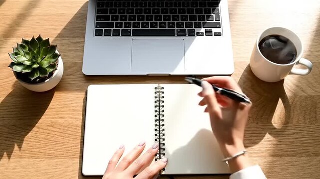 Working at desk overhead view with notebook coffee cup and laptop