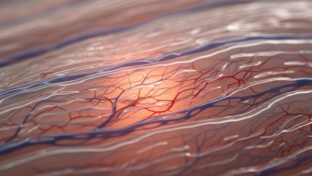 Intricate microvascular network representation within biological tissue showcasing vital circulation