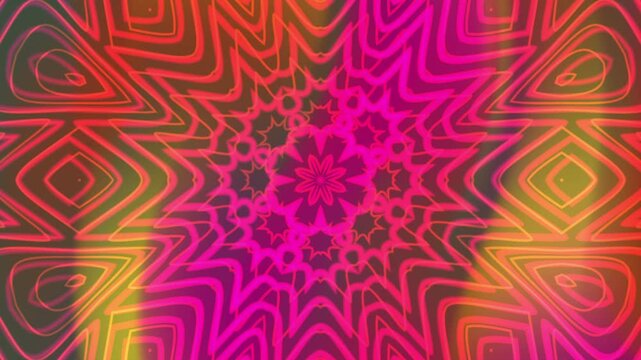 kaleidoscope overlay pattern with hot pink, orange, yellow colors. Suitable for vibrant graphic designs, backgrounds, and psychedelic concepts.