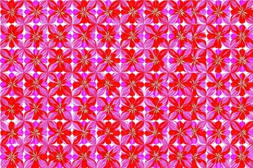 Bright Floral Pattern with Red Blossoms and Purple Accents on White Background Repeating Tile Arrangement Creates Vibrant Decorative Design and Overlapping Petals