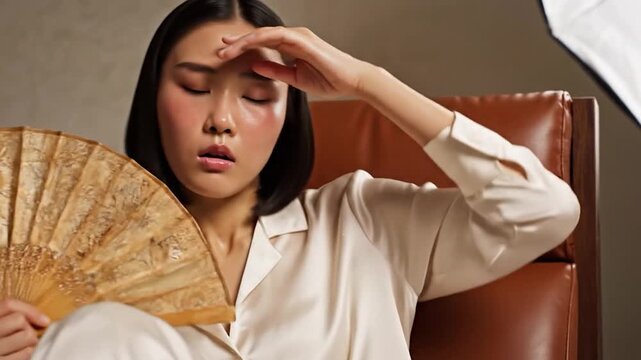 Asian woman fanning herself on a chair, appearing warm and pulling her collar. Skin glowing