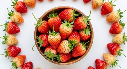 Fresh ripe strawberries in a brown bowl surrounded by more strawberries on white background for healthy eating and fruit snack ideas