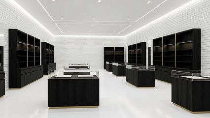 Modern retail store interior with sleek black display shelves and counters, illuminated by bright ceiling lights.