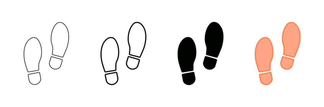 Set of minimalist footprints icons with transparent background, depicting human shoe prints, walking path symbols, navigation indicators, and progress signs, vector illustration