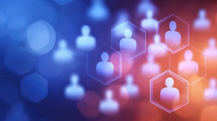 Abstract background featuring silhouettes of people in hexagons over a gradient of blue and orange colors, representing networking and community connections
