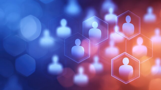 Abstract background featuring silhouettes of people in hexagons over a gradient of blue and orange colors, representing networking and community connections - Powered by Adobe