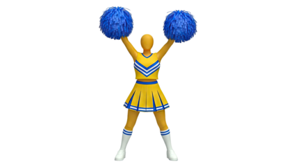 Cheerleader in yellow and blue uniform with blue pom-poms
