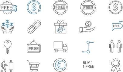 Set of retail and promotional icons in blue and black line art featuring free offers, currency symbols, and shopping carts