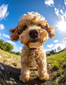 Close-up of a happy, curly-haired dog looking at the camera