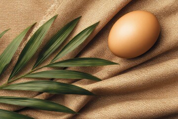 Single Brown Egg on Textured Golden Background with Green Leaf Branch in Top Down Still Life Studio Shot