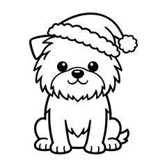 Cute fluffy puppy dog wearing Santa hat, black and white outline cartoon vector illustration for Christmas coloring page, sticker, greeting card or kids design