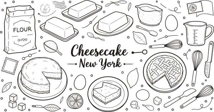 Horizontal banner of New York cheesecake with hand drawn baking ingredients and kitchen tools in black line art doodle style.