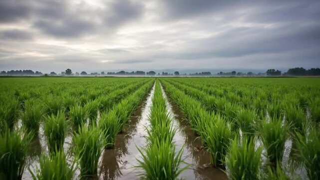 Expansive green rice paddy fields with water channels under a cloudy sky, showcasing agricultural beauty and a serene landscape.
