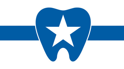 Blue and white design with a tooth shape, a central star, and a horizontal stripe