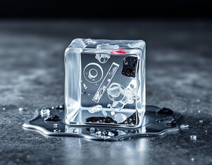 Vintage film camera lens focus on isolated ice cubes resting on retro studio glass against a black background