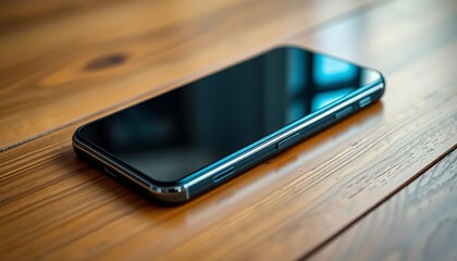 Sleek black smartphone on wooden table, close-up,  background,  realistic