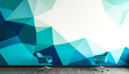 Abstract geometric shapes in calming blues and greens create a modern office wall mural,  mural,  wall art