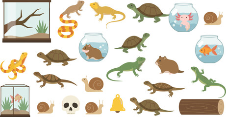 Cute reptile and small pet illustration set featuring lizards, turtles, snakes, snails, fish tanks, and small mammals © MstMukta