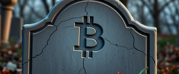 A weathered, cracked tombstone with Bitcoin symbol etched into it,  legacy,  death