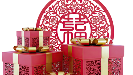 Red gift boxes with gold ribbons and Chinese 'Shuangxi' symbol