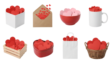 Valentine Love Collection of Red Paper Hearts in Box Envelope Mug Crate and Basket Isolated on White Background