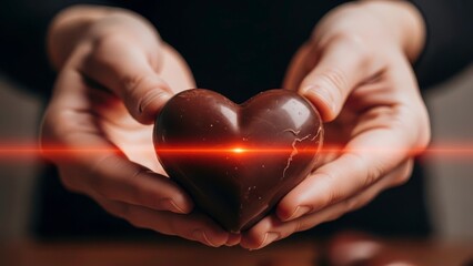 Cracked heart in hands with glowing red light