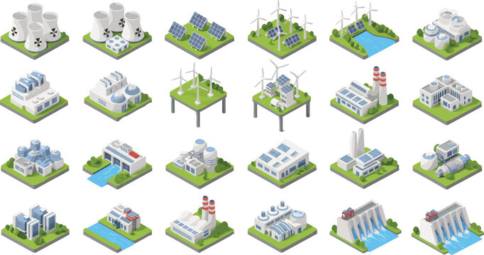 Isometric power plant and energy facility icons featuring nuclear, wind, solar, hydro, and industrial stations for engineering designs