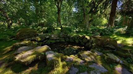 Obraz premium Moss Covered Stone Fountain Reflecting Green Trees Under Bright Sunlight In Lush Garden Environment