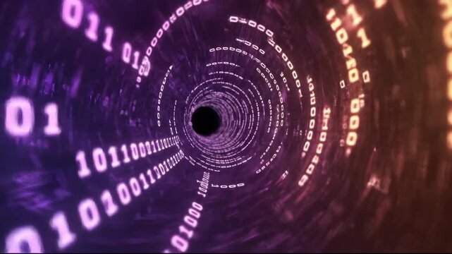 A vibrant tunnel of flowing binary code representing digital data.
