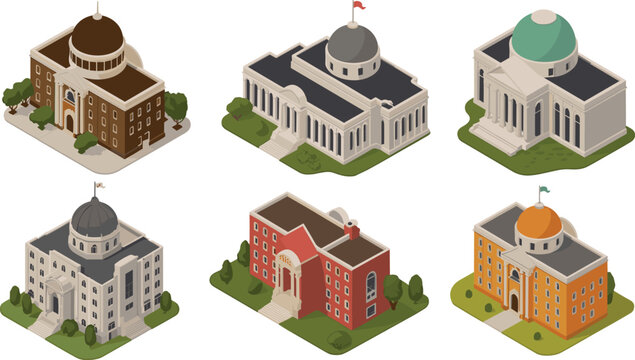 Isometric classical institutional buildings set, domed government architecture icons, courthouse museum university structures, civic landmark illustration collection