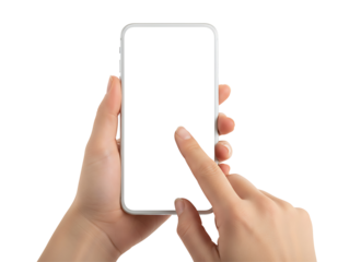 Hands holding a sleek smartphone with a white screen, perfect for showcasing mobile app designs and digital content