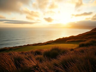 Golden hour paints a windswept highland golf course, gorse igniting near Inverness's wild ocean shores,  yellow bloom,  highland scenery
