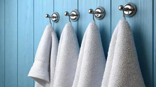 Four clean white towels hanging on chrome hooks against a light blue beadboard wall in a minimalist bathroom interior with soft natural light.