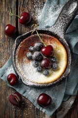 Overhead View of Dutch Baby Pancake Topped with Cherries Blueberries and Powdered Sugar in a Cast Iron Skillet on Rustic Wooden Table with Blue Cloth